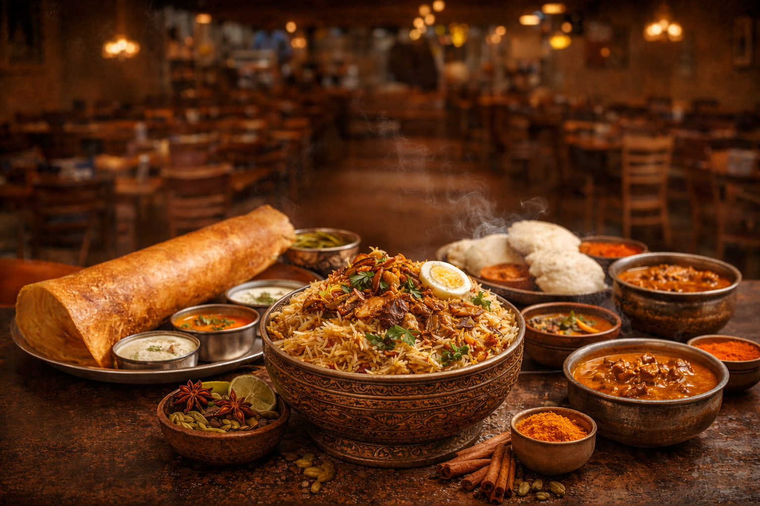 Authentic South Indian dining experience in McKinney Texas with traditional dosa, biryani, and South Indian cuisine served in a restaurant