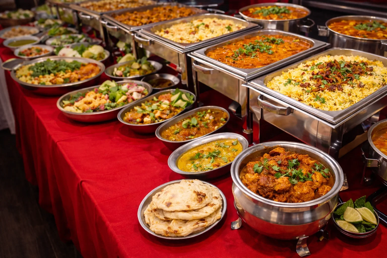 Indian catering buffet with biryani, curries, naan, and traditional dishes at Salem RR Biryani in McKinney TX
