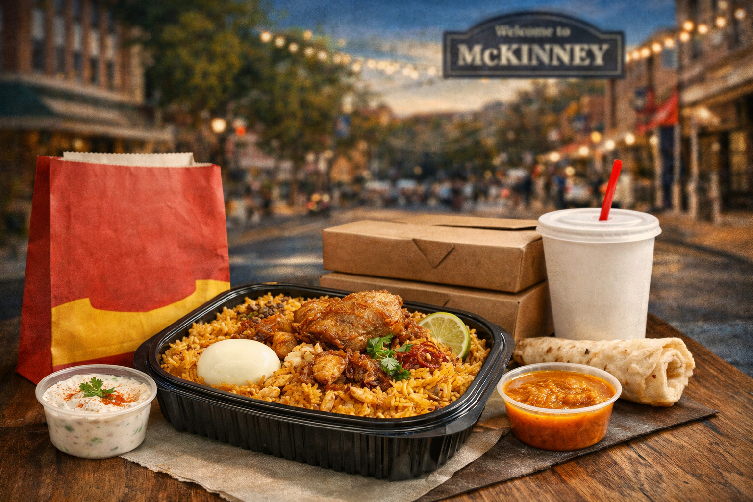 Freshly packed Salem RR Biryani ready for takeout in McKinney, TX