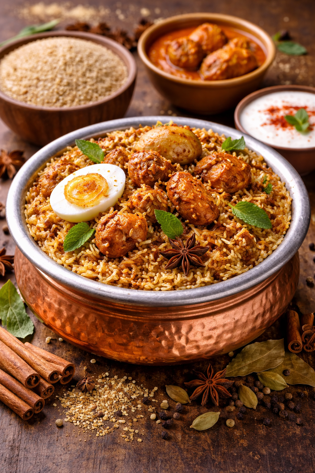 Seeraga samba rice chicken biryani with traditional South Indian spices served in a copper bowl with egg and herbs