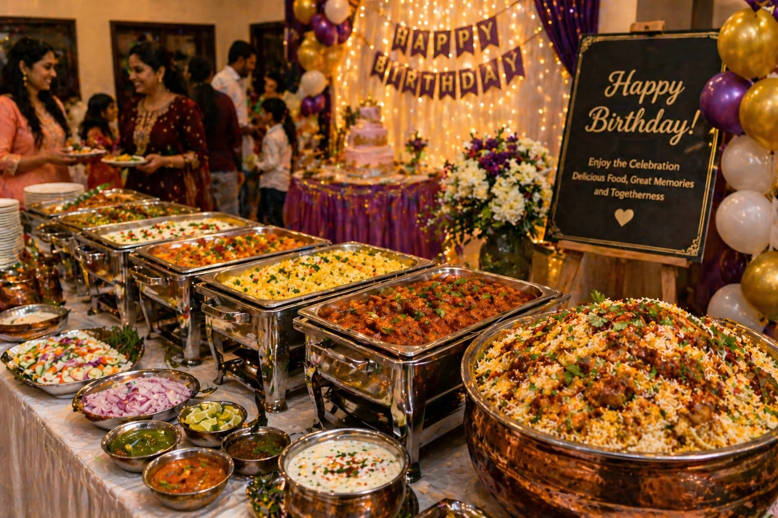 Indian catering setup for birthday party in McKinney with biryani buffet and traditional dishes