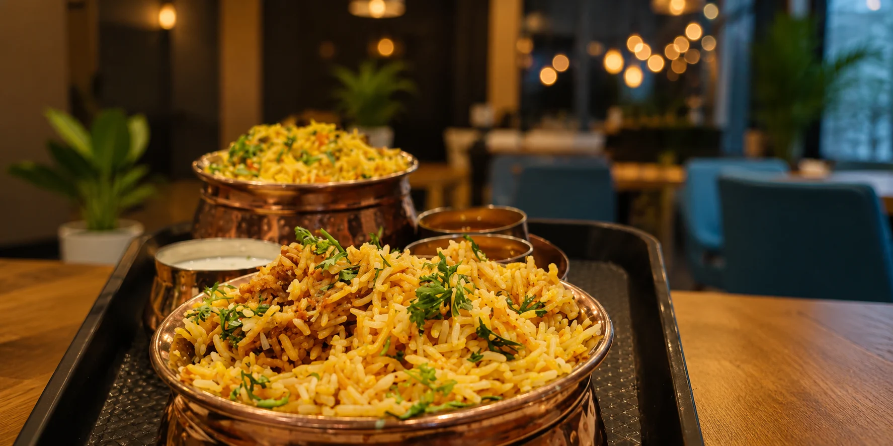 Large tray of biryani served for party catering at Indian event in McKinney