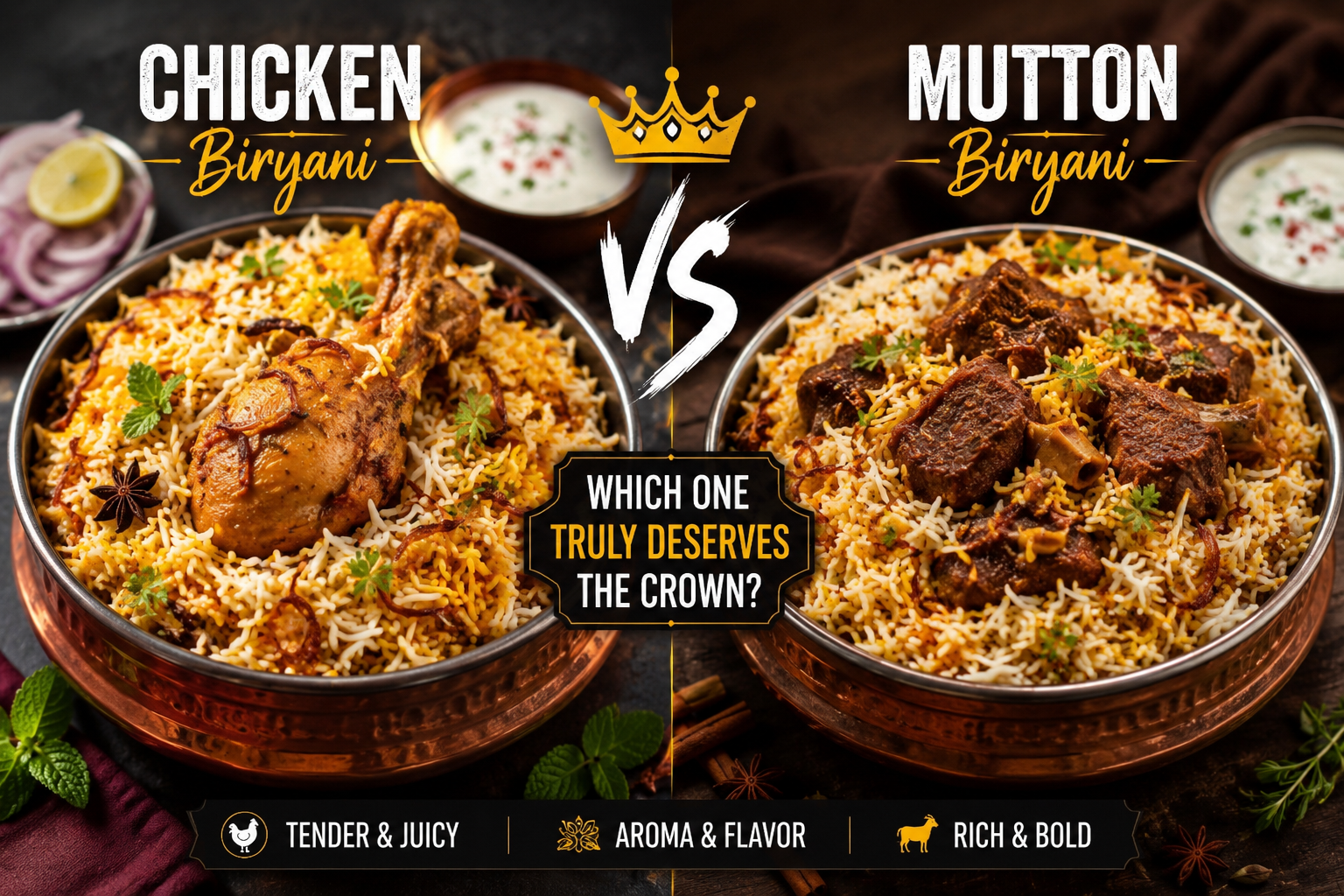 Chicken biryani and mutton biryani comparison with authentic Indian spices and flavorful traditional rice dishes
