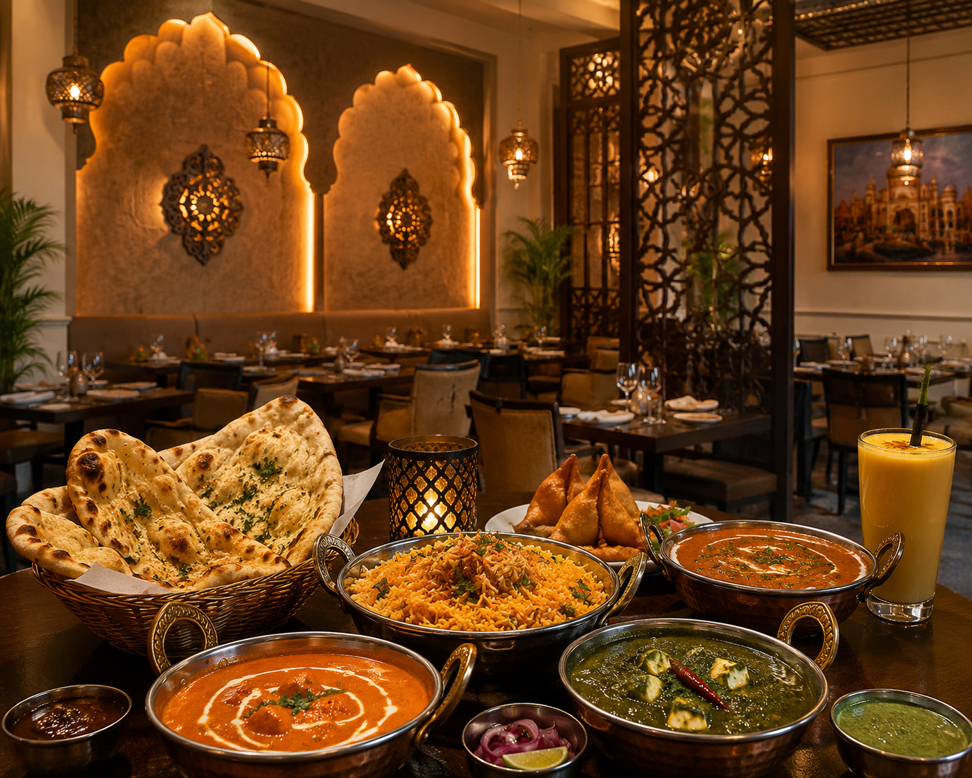 Elegant Indian restaurant interior with traditional dishes like biryani, curry, naan, and samosas served in a warm dining ambiance.
