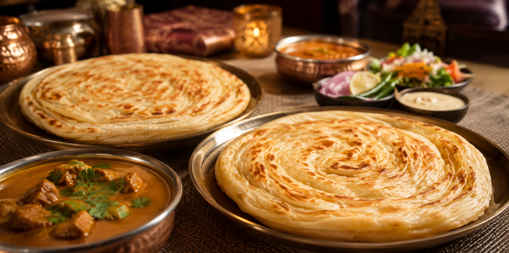 Buy 1 Get 1 Free parotta served with flavorful curry at Salem RR Biryani in McKinney, TX.