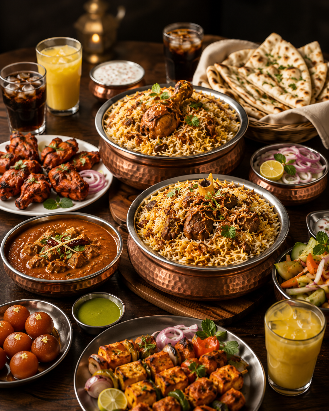 Weekend family feast with chicken biryani, mutton biryani, kebabs, naan, curries, sides, desserts, and drinks at Salem RR Biryani McKinney